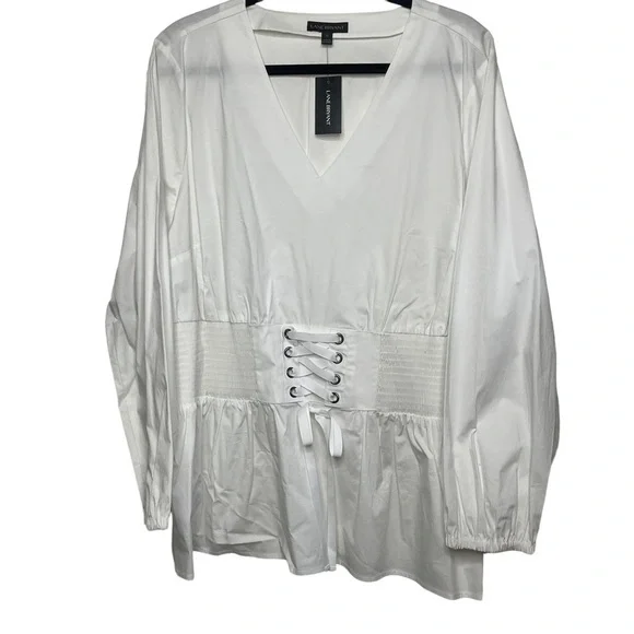 Lane Bryant Size 22 White Cotton Blouse with Corset Tie Waist NWT - Picture 4 of 8